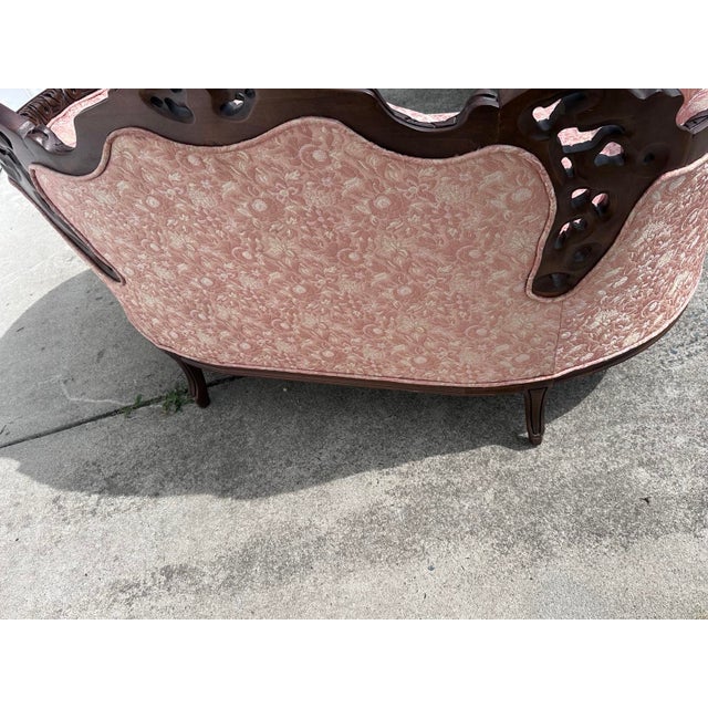 Vintage Victorian Carved Walnut Tufted Loveseat in Blush Jacquard For Sale - Image 4 of 8