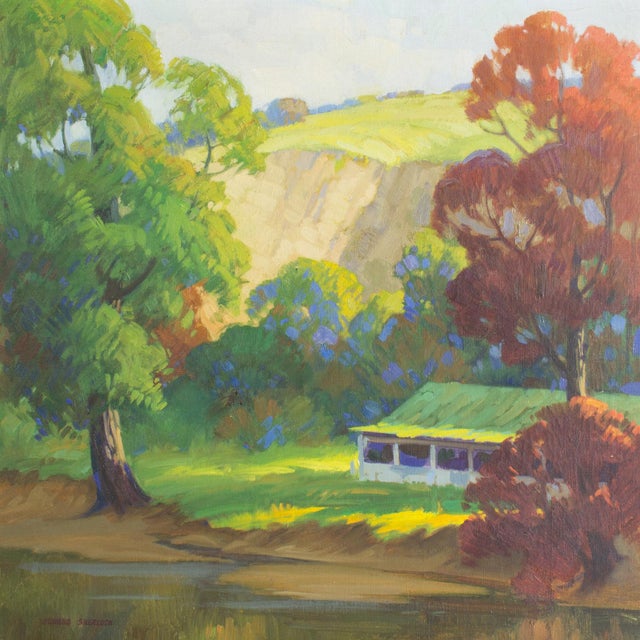 A 1930s oil on canvas landscape painting by the American artist Edward Sherlock. This painting features a small, green-...