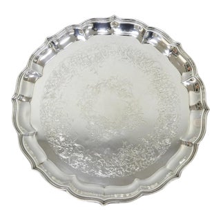 Vintage International Silver Co Large Round Silver Plated Footed Serving Tray For Sale