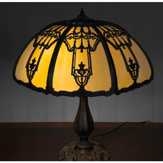 1920s Antique Art Nouveau Carmel Slag Glass Table Lamp For Sale - Image 5 of 14