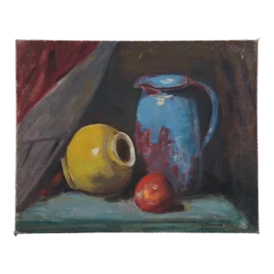 Vintage Mrs. L. Thomas Pitcher Apple Fruit Still Life Oil Painting on Board 20"