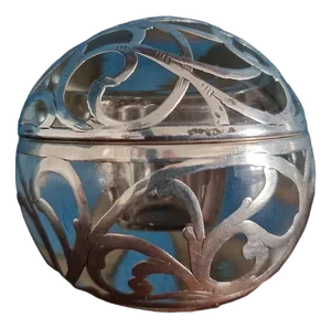 Antique Globular Inkwell in Clear Glass with Silver Overlay, 1890s