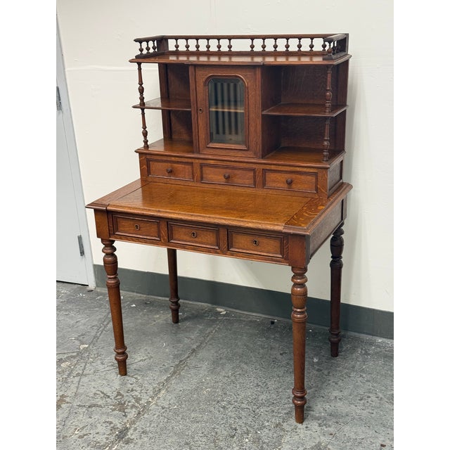 Quarter-Sawn Oak Secretary Desk + Gallery Top, Antique For Sale - Image 9 of 12
