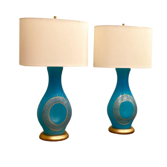 Vintage Mid 20th Century Aqua Murano Glass Lamps - a Pair For Sale In Little Rock - Image 6 of 9