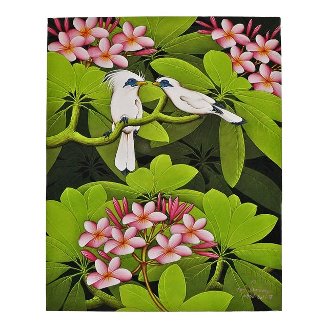 Flora Fauna Birds & Pink Plumeria Acrylic on Canvas Painting For Sale