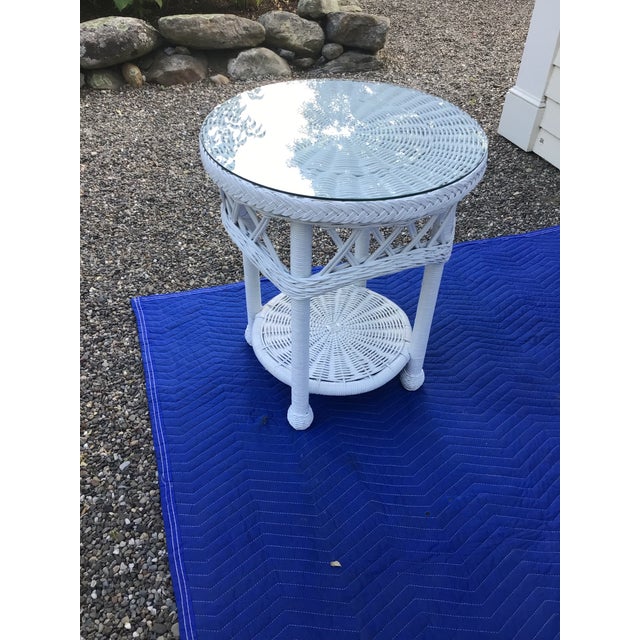 1980s Vintage Natural Wicker Side Table With Glass Top Freshly