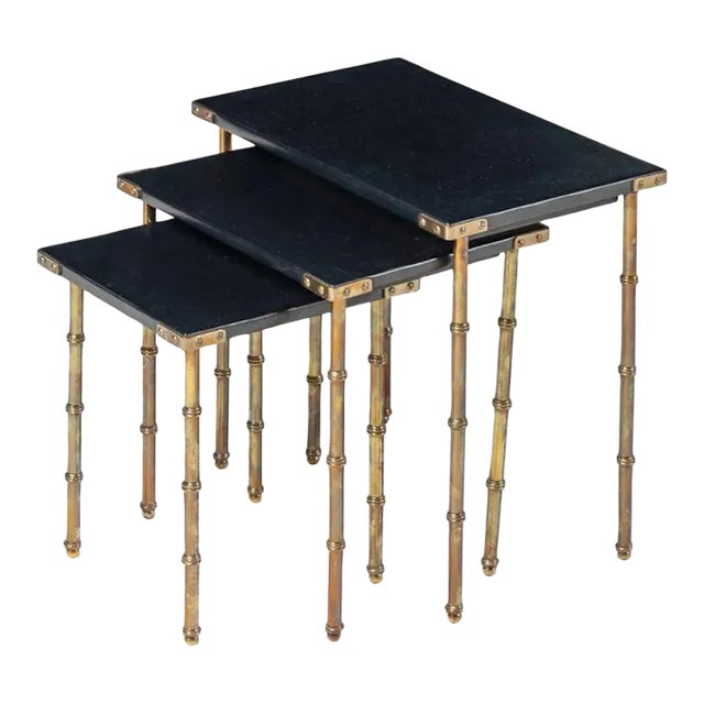 Jacques Adnet, French Mid-Century Modern, Nesting Tables, Leather, Brass, 1950s For Sale