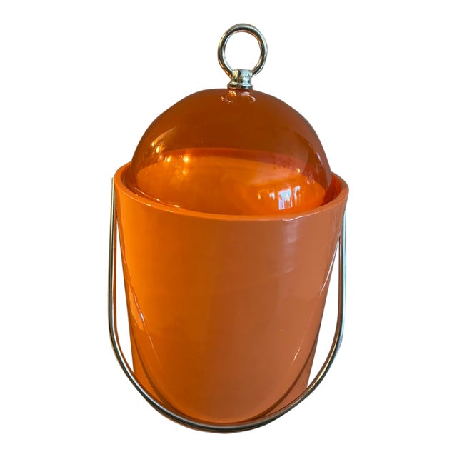 Vintage 1970's Orange Ice Bucket With Brass Handle and Dome Lid For Sale