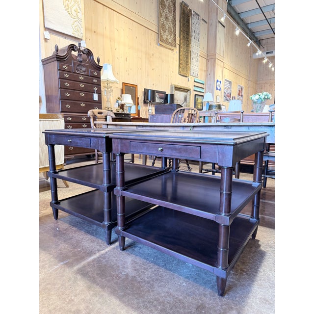 A refined pair of Regency-inspired side tables by Woodbridge Furniture, thoughtfully crafted in rich mahogany with elegant...