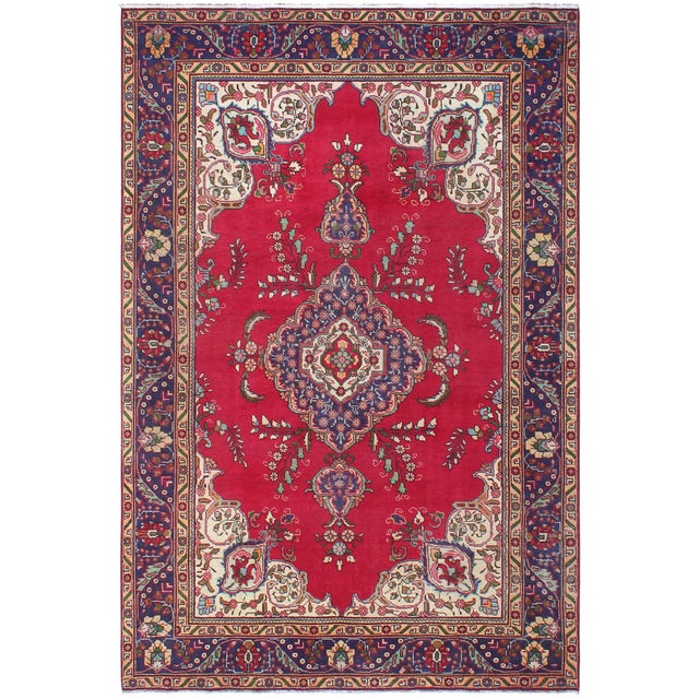 Vintage Shabby Chic Tabriz Red/Blue Wool Rug - 6'9'' X 9'5'' For Sale - Image 9 of 9