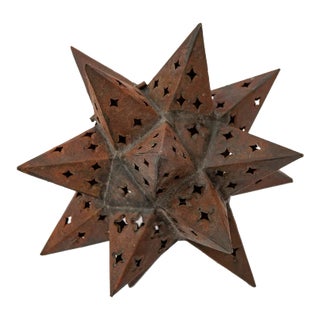 Vintage Moroccan Style Pierced 18 Point Hinged Iron Star Candle Curio For Sale