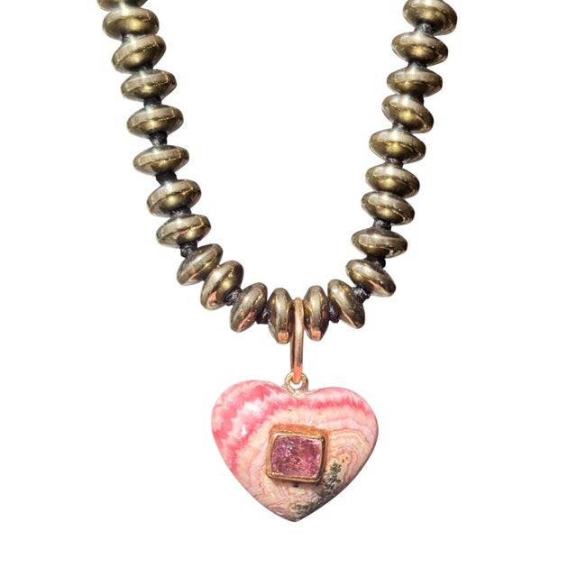 Rhodochrosite Heart Necklace With Spinel, 14k Gold & Pyrite For Sale - Image 9 of 13
