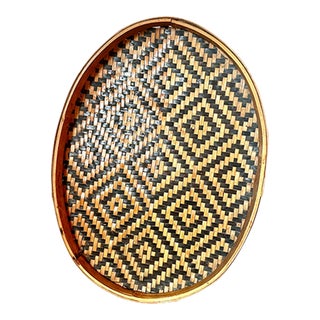 1970s Vintage Oval Woven Rattan Tray For Sale