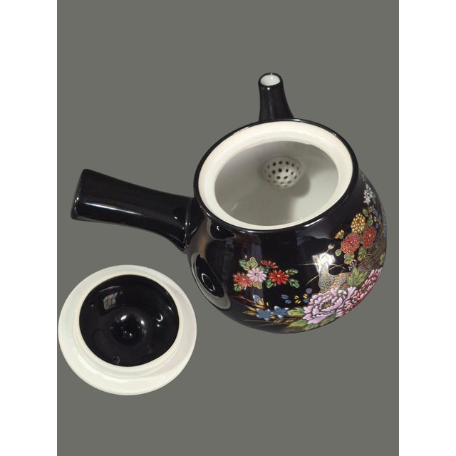 Vintage Asian Japanese Sake Pot Decorated Garden Floral Peacock Tea Pot For Sale - Image 4 of 6