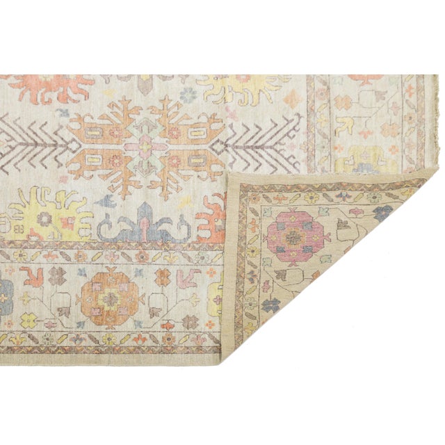 Ivory 12x16 Hand-Knotted Modern Oushak Style Area Rug Pastel Geometric Tribal Wool Rug For Sale - Image 8 of 10