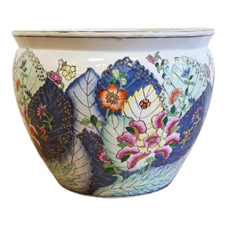 Vintage Chinoiserie Style Tobacco Leaf Fish Bowl Planter For Sale