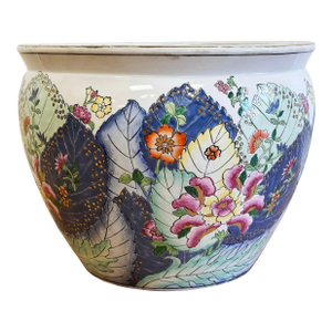 Vintage Chinoiserie Style Tobacco Leaf Fish Bowl Planter