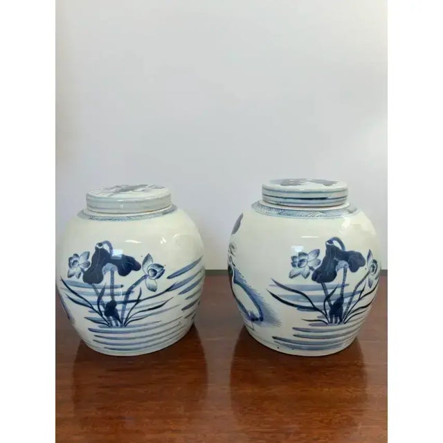 Coastal Rare Pair of Large 9" Mid 20th Century Blue & White Ginger Jars, Coastal Depictions of Cranes, Water and Shore Grass For Sale - Image 3 of 6