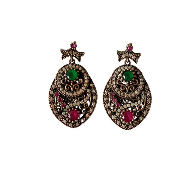 Mid-Century Modern Vintage Natural Ruby, Emerald and Diamond Earrings- 925 Sterling Silver For Sale - Image 3 of 10