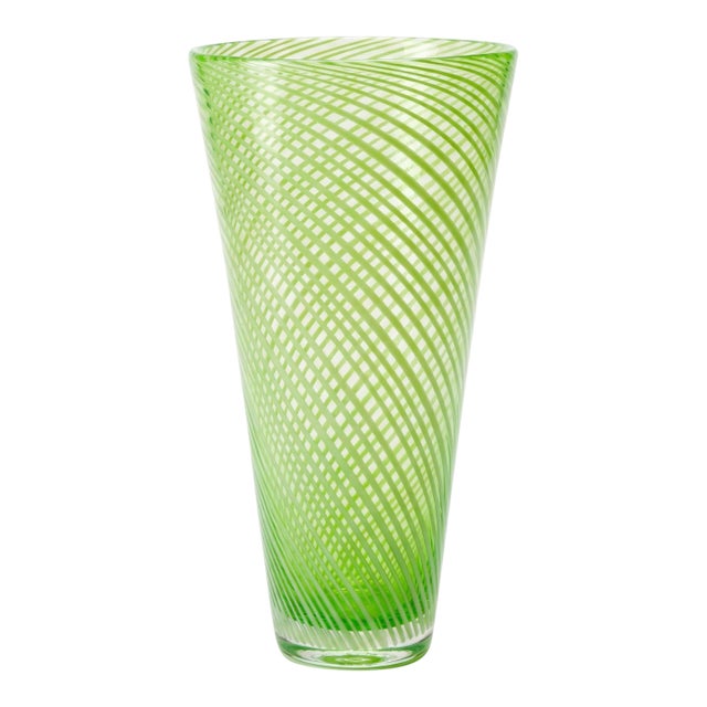 Large Murano Style Green Cased Glass Lattice Twist Vase – Hand Blown Art Glass For Sale