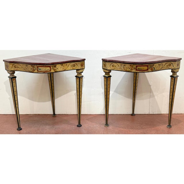 Pair 18th-Century Neapolitan Painted Corner Console Tables, Faux Porphyry Tops For Sale - Image 10 of 18