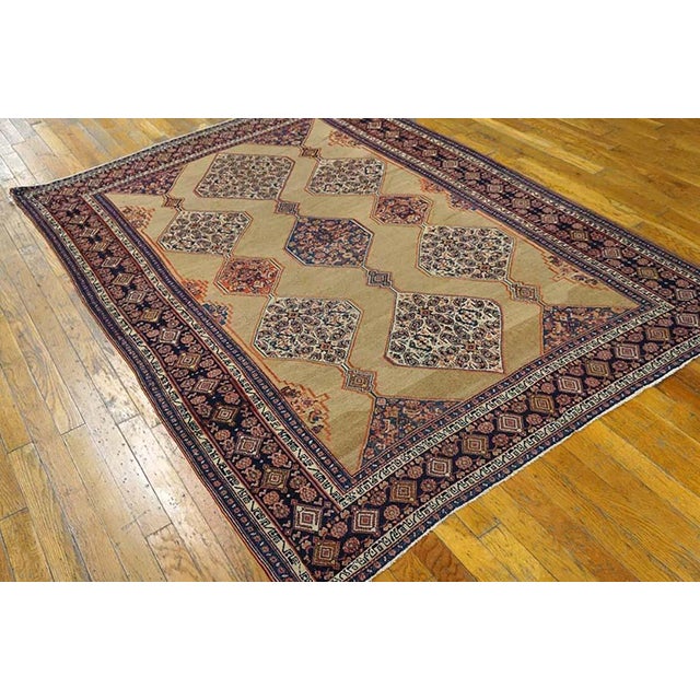Persian 1890s Tan Camel Diamond Antique W. Persian Senneh Rug 4'8" X 6'6" Handknotted Wool Carpet For Sale - Image 3 of 6