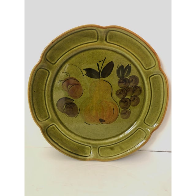 Los Angeles pottery scallop dinner plates hand painted with pears and grapes. Wonderful mid century olive green. Made in...
