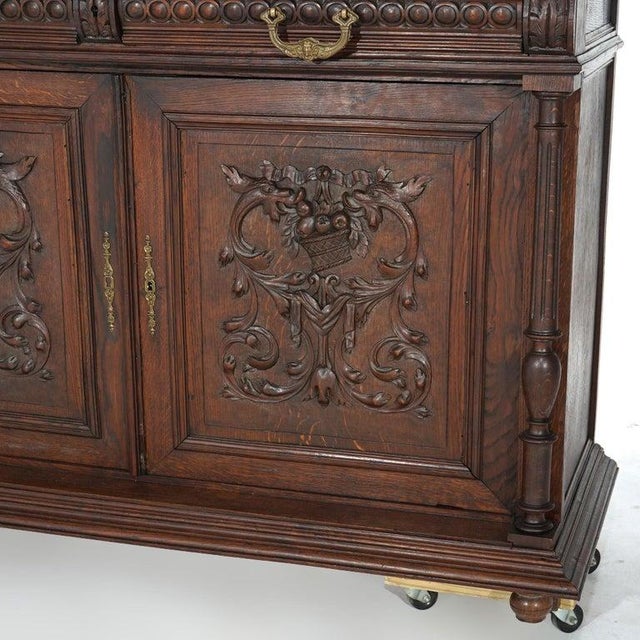 Brown Antique Renaissance Revival Figural Carved Knight & Horse Oak Hunt Board C1890 For Sale - Image 8 of 18