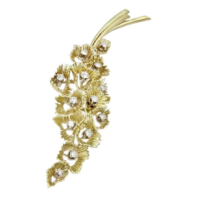 Diamond Floral 14k Yellow Gold Cluster Large Leaf Brooch Pin For Sale