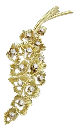 Diamond Floral 14k Yellow Gold Cluster Large Leaf Brooch Pin