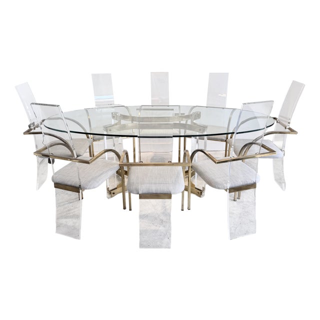 Vintage Dining Suite in Acrylic and Brass by Charles Hollis Jones for Belgo Chrome, 1979, Set of 9 For Sale