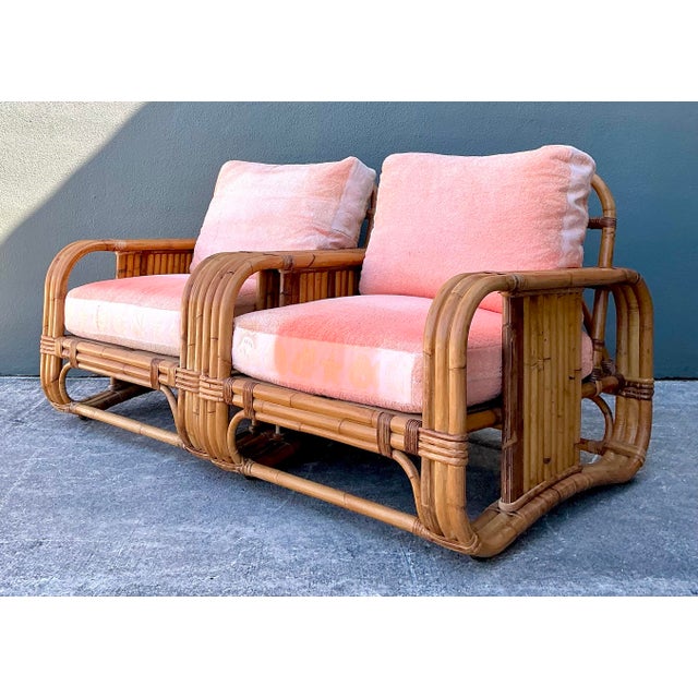 Wood Vintage Bielecky Brothers Rattan and Terry Cloth Lounge Chairs - A Pair For Sale - Image 7 of 12
