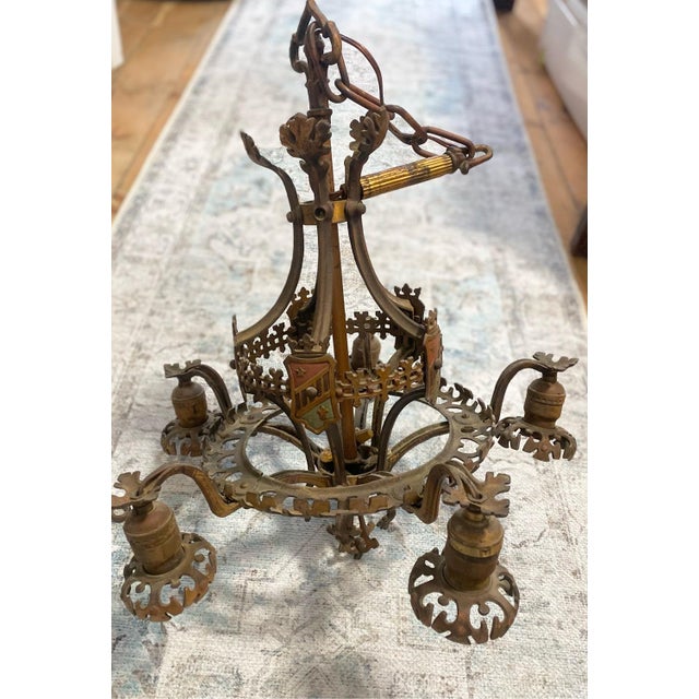 Brass Antique Lighting 1920s Chandelier French Gothic Crest Sheild by Lincoln For Sale - Image 8 of 9