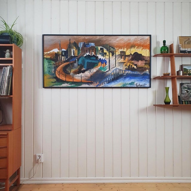 This is a large Swedish original mid-century modern oil painting on panel, signed Carl Lennart Wikström. The painting is...