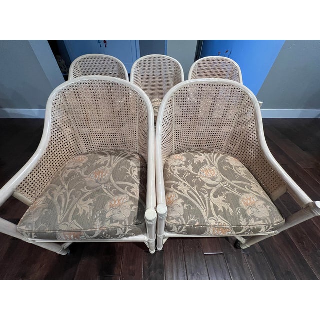 2000 - 2009 Vintage McGuire San Francisco Rattan Barrel Back Armchairs, Set of 5 McGuire Rolling Chairs in Excellent Condition For Sale - Image 5 of 8