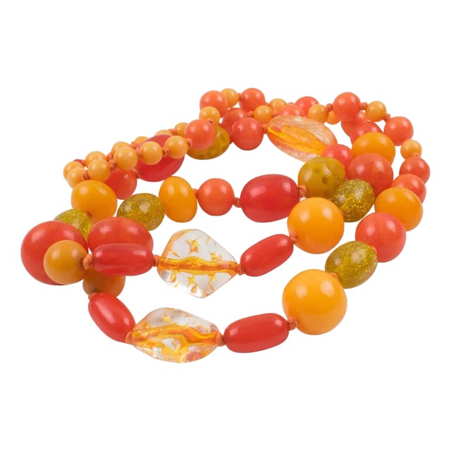Bakelite and Lucite Long Necklace Sunny Yellow and Orange Colors For Sale