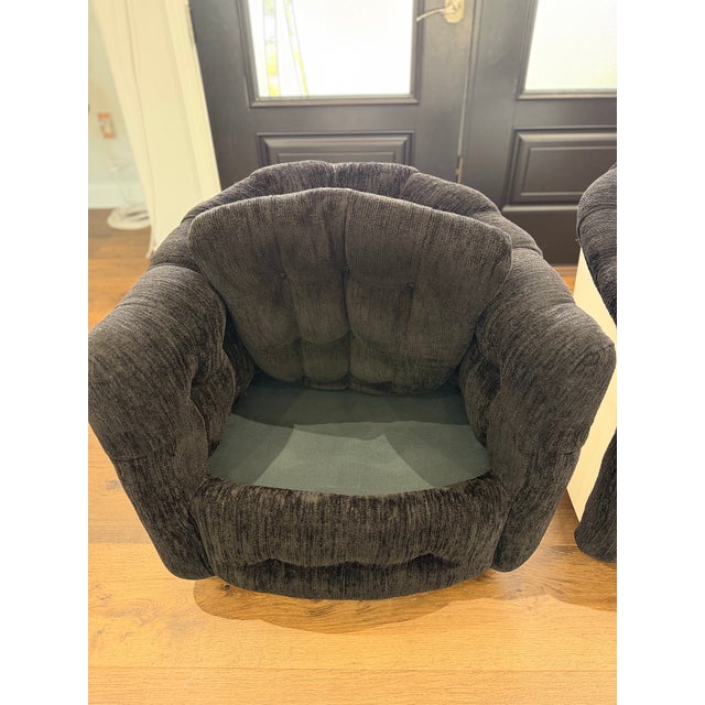 Black Pair of 1973 Thayer Coggin Black Chenille Swivel Lounge Chairs on White Drum Bases For Sale - Image 8 of 18