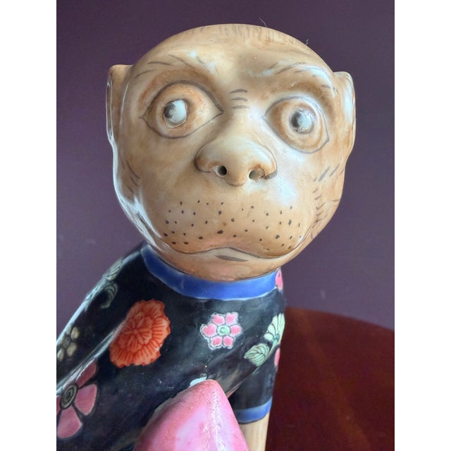 Mid 20th Century Chinese Vintage Porcelain Monkey Figurine Holding a Pear. Stamped on Bottom. For Sale - Image 5 of 7