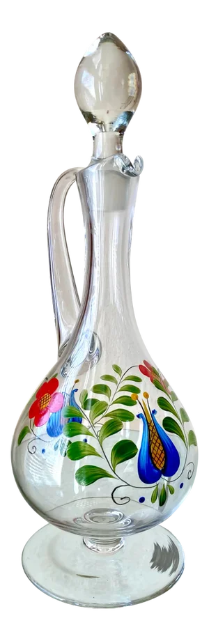Circa 1920 Eastern European Hand Painted Blown Glass Pedestal Wine Decanter & Stopper