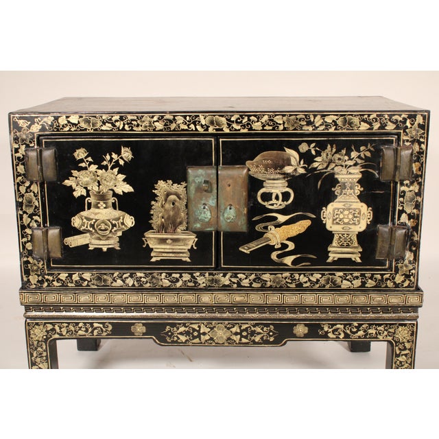 Wood Chinese Black Lacquer and Gilt Decorated Trunk on Stand For Sale - Image 7 of 10