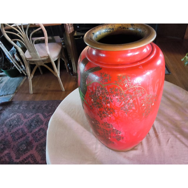 Metal 1940's Ucagco Large Red Hand Painted Japanese Vase For Sale - Image 7 of 10