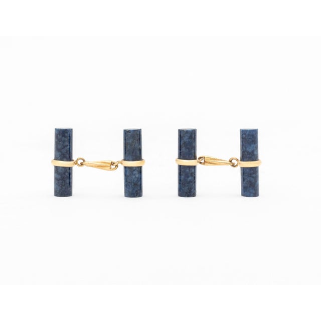 Pair of 14K Yellow Gold Lapis Cufflinks, brightly polished, adorned with four bezel set cylindrical lapis toggles weighing...