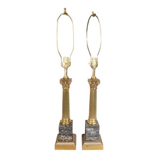 Pair of Continental Marble and Brass Columnar Table Lamps For Sale