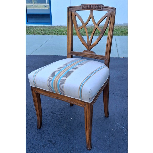 Late 20th Century Late 20th Century Pair of Neoclassical Style Carved Fruitwood and Upholstered Side Chairs For Sale - Image 5 of 11