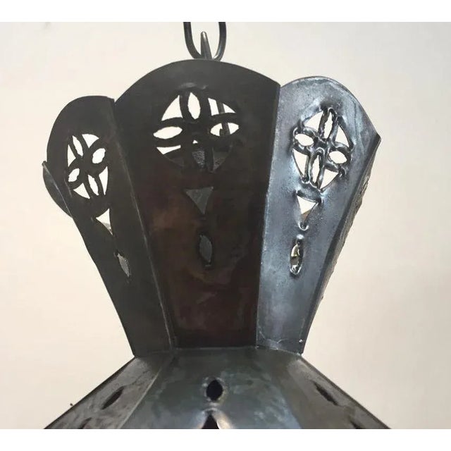 Handcrafted Moroccan Metal and Blue Glass Lantern, Octagonal Shape For Sale - Image 11 of 12