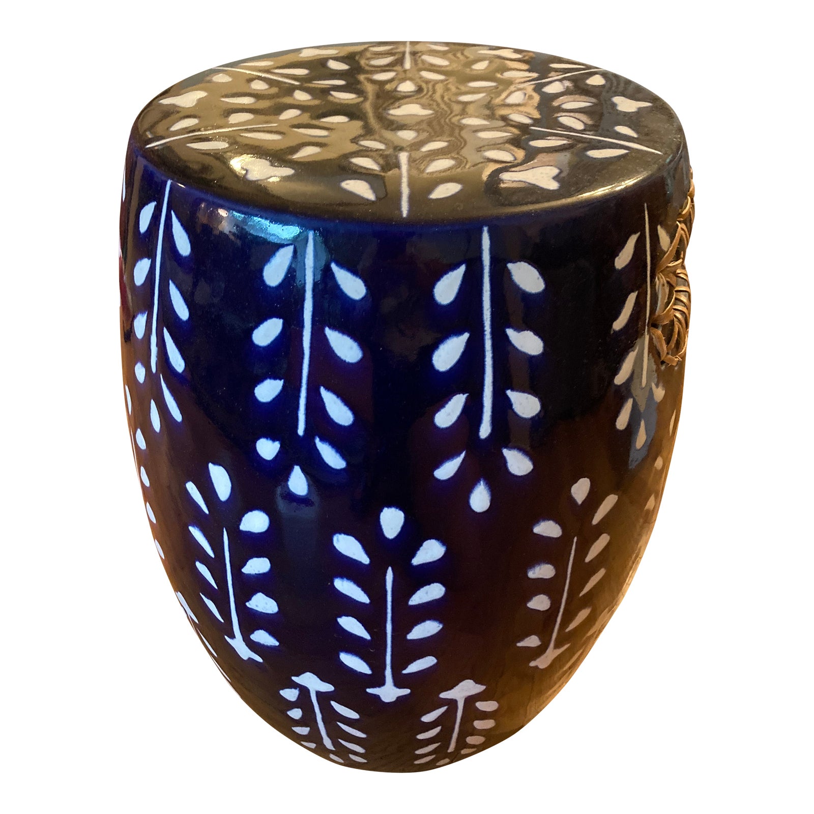Anthropologie Ceramic Garden Stool Side Table with Rattan Handles | Chairish