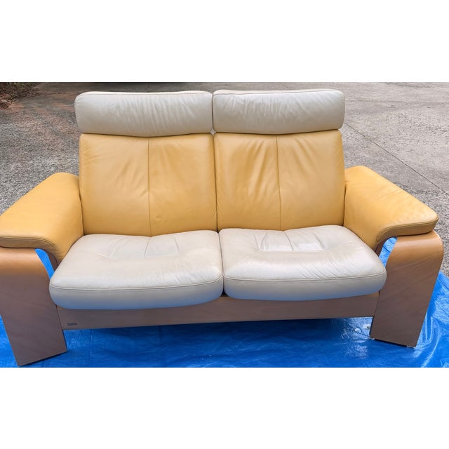 Wood Ekornes Stressless Mid Century Modern Leather Reclining Sofa and Loveseat For Sale - Image 7 of 14