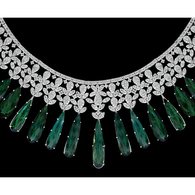 110 Carat Tear Drop Green Tourmaline and 25 Ct Diamond Necklace Suite 18 K Gold For Sale In New York - Image 6 of 18