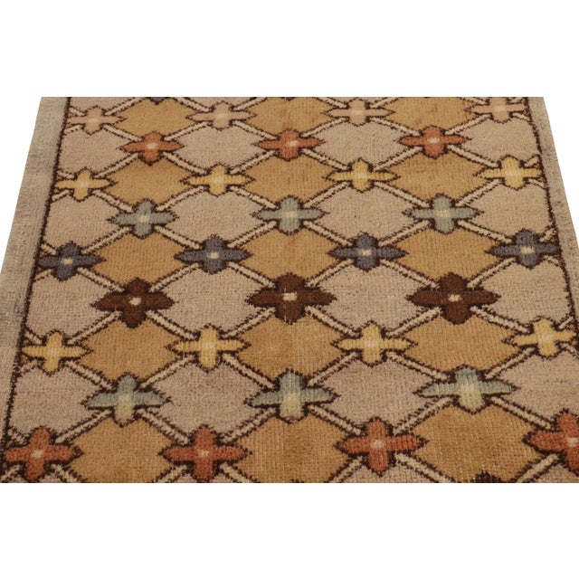 1960s Vintage Distressed Deco Rug in Beige-Brown, Gold, Blue Geometric Pattern For Sale - Image 4 of 7