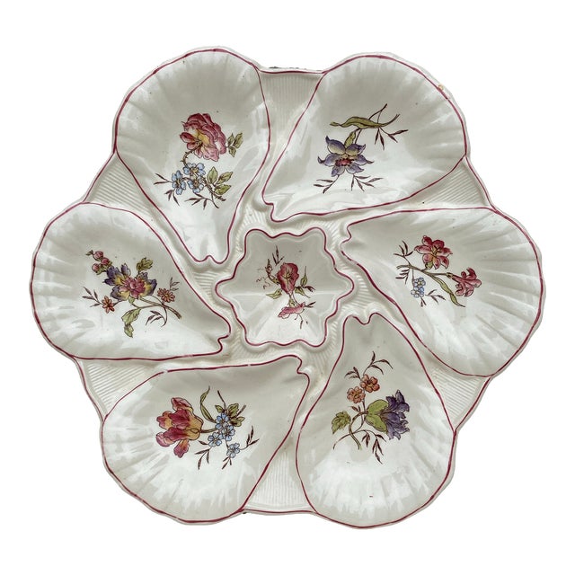 Majolica Flowers Oyster Plate Longchamp, Circa 1900 For Sale
